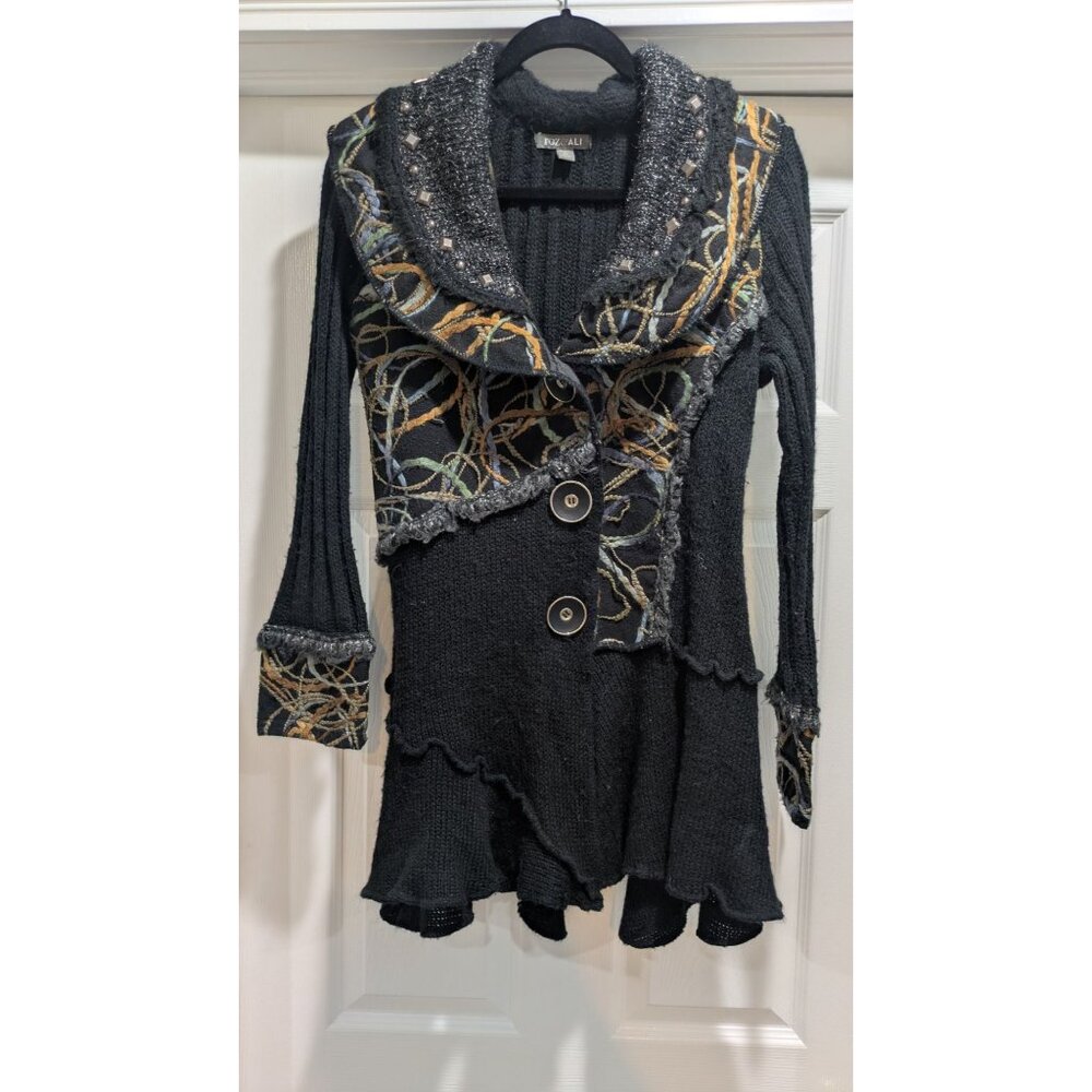 Roz & Ali Womens Petite XL Black Sweater Cardigan Felted Wool Art-to-Wear Artsy